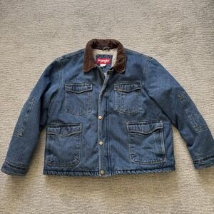 Wrangler Jacket Mens 2XL Blue Denim Sherpa Lined Barn Chore Coat Heavyweight Vtg
